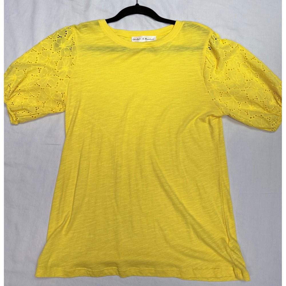 Chelsea & Theodore Yellow Eyelet Puff Sleeve Slub Knit Top Small